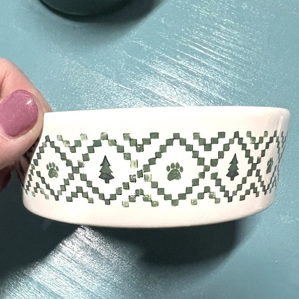 Rae Dunn Festive Ceramic Dish with Green Trees and Paws